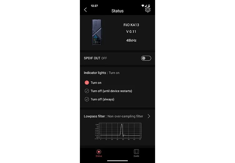 FiiO KA13 app status screen