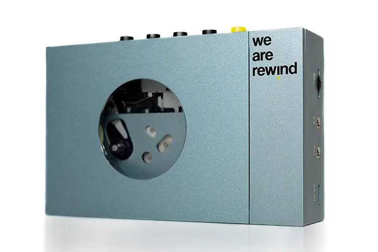 We Are Rewind cassette player on white background