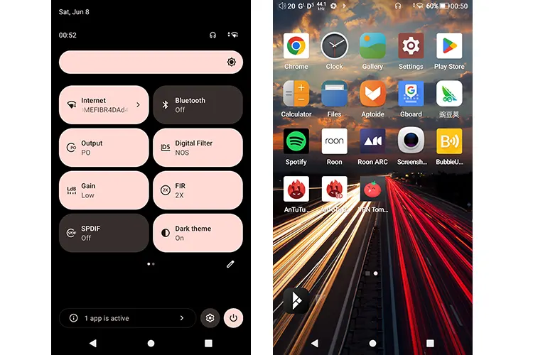 iBasso DX180 home screen and drop down menu