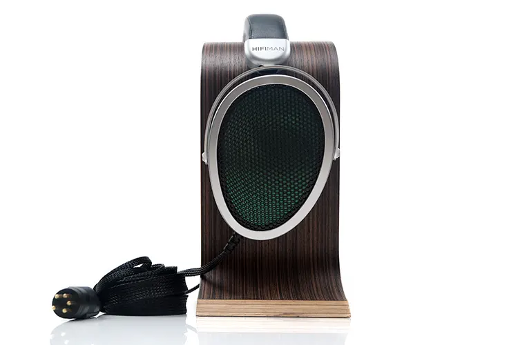 HIFIMAN Mini Shangri-La headphones on a wooden stand