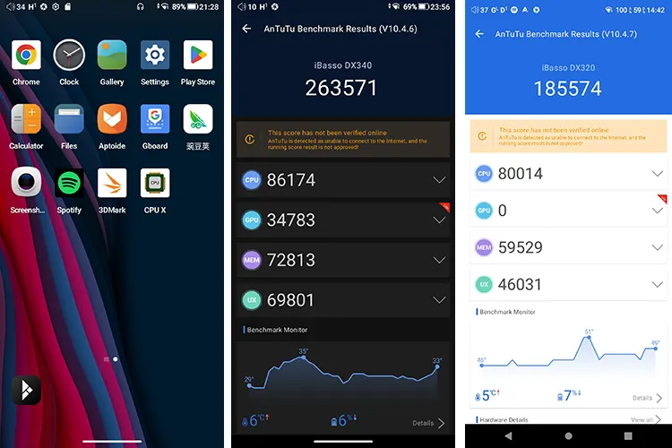 iBasso DX340 DX320 home screen and AnTuTu score screenshots