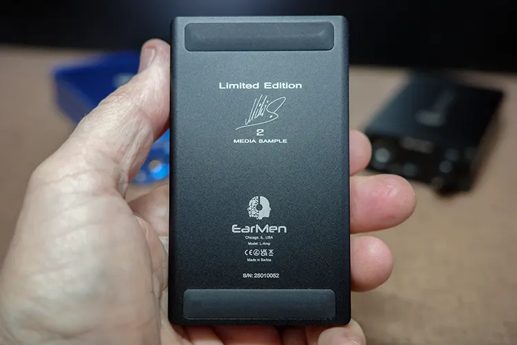 EarMen L-Amp back panel in hand
