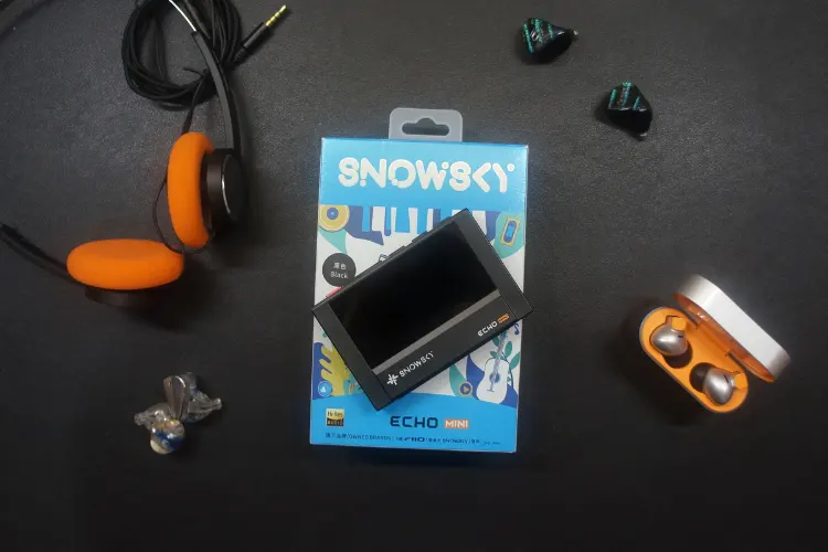 FiiO SNOWSKY ECHO MINI surrounded by head gear