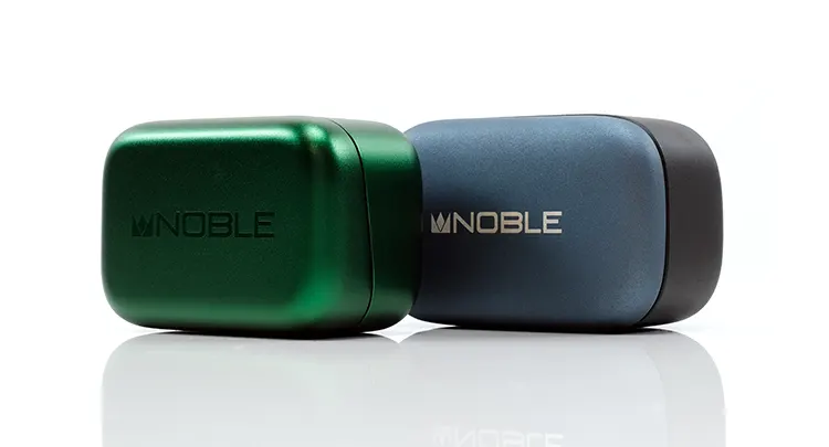 Noble Audio Rex5 cradle beside Mystique TWS cradle
