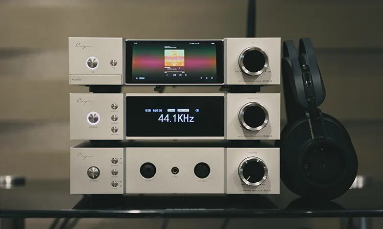 Cayin iDAP-8 on top of iHA-8 and iDAC-6 with composer headphones