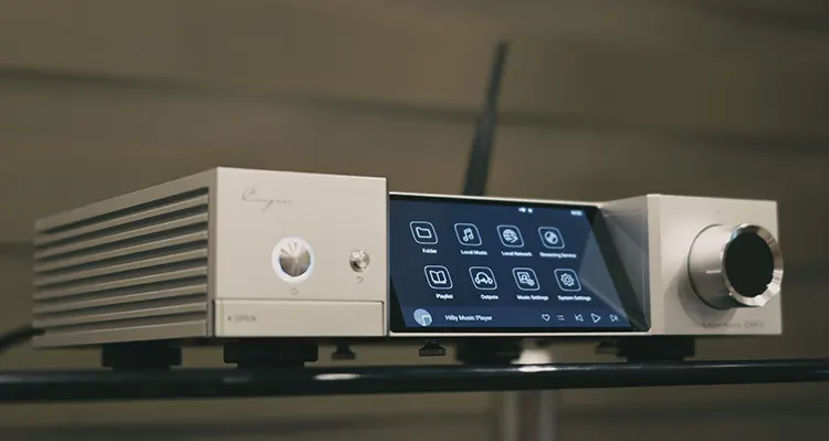 Cayin iHA-8 at an angle with home screen on