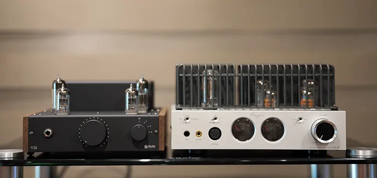 Feliks Audio Echo Vibe tube amp beside the Cayin HA-2A amp