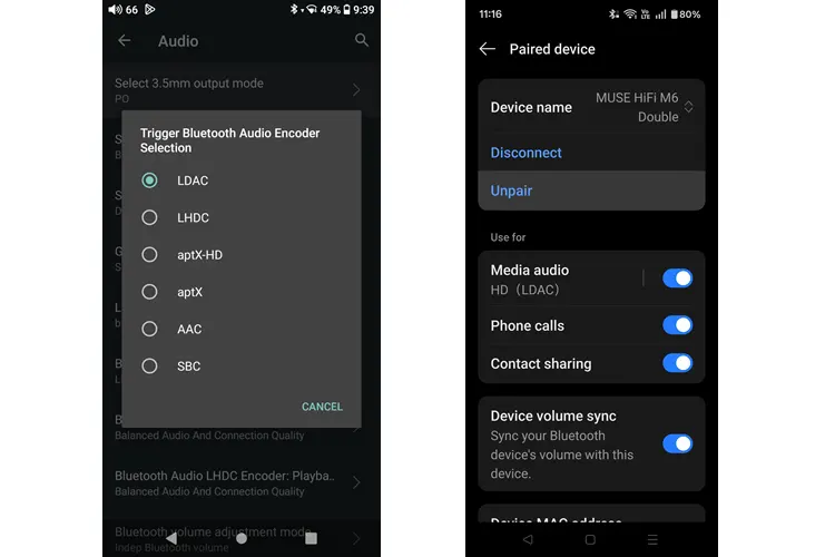 MUSE HiFi M6 wireless connection with phone 2 screenshots