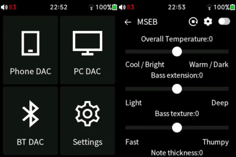 Tempotec V1 main menu and MSEB screen display