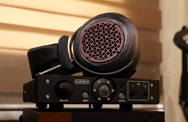 ZMF Headphones BOKEH Open on top of Chord Electronics Alto amplifier
