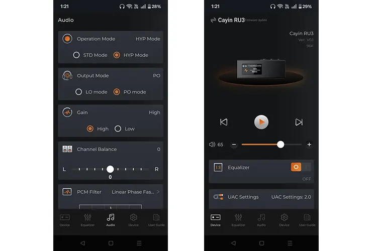 Cayin RU3 dongle DAC control app 2 screenshots
