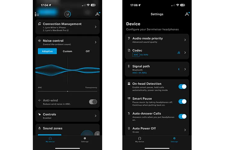 Sennheiser HDB 630 Control app connection management screenshots
