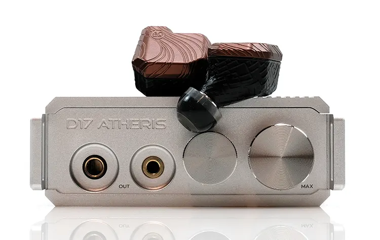 iBasso D17 Atheris front facing with PLUSSOUND Allegro 2 IEM shells on top