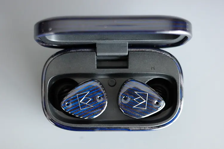 Noble FoKus Prestige Encore earbuds inside the charging cradle