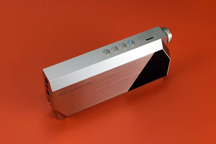 HiBy RS8 II DAP standing on its side showing back panel