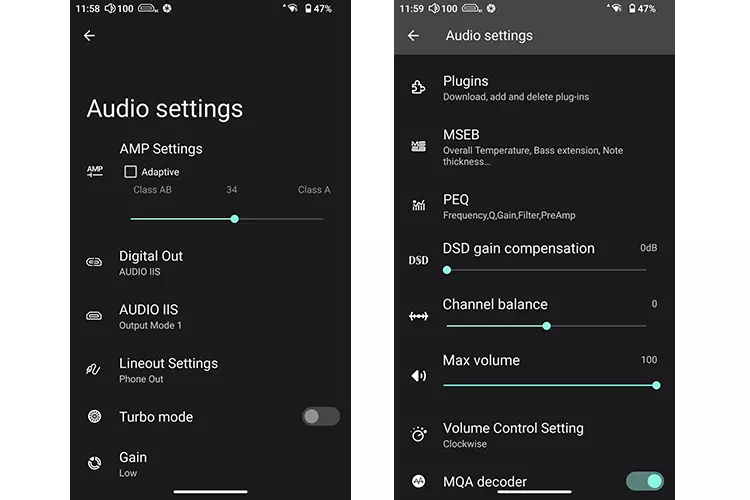 HiBy RS8 II audio settings 2 screenshots