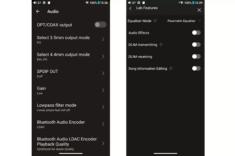 FiiO M27 Audio settings and Lab Features screenshots