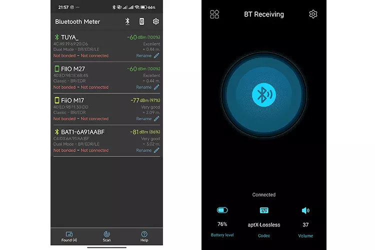 FiiO M27 Bluetooth Signal Strength and BT Receiving screenshots