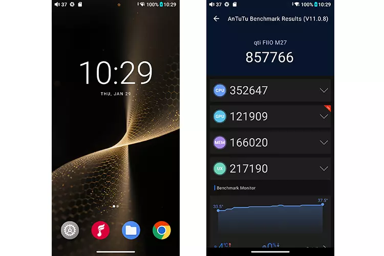 FiiO M27 Home Screen and AnTuTu Performance score screenshots