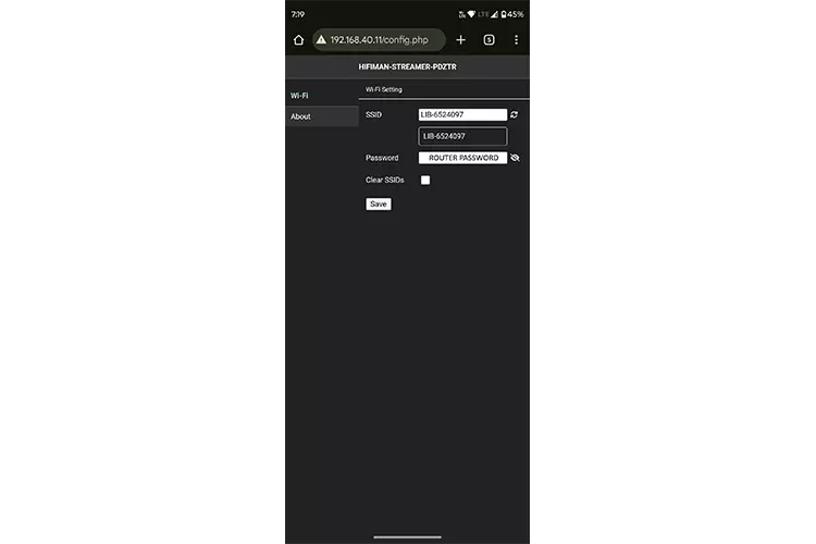 HIFIMAN Arya WiFi connection website screenshot