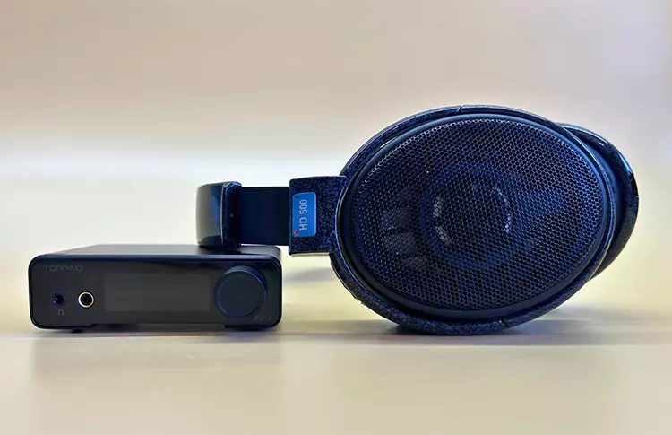 Topping DX1 II beside Sennheiser HD 600 headphones