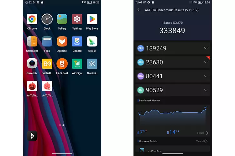 DX270 Android home screen and AntuTu score screenshots